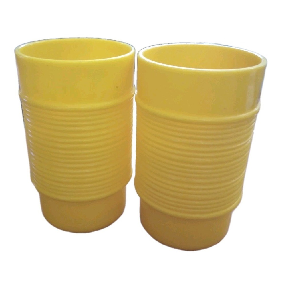 Vintage Melamine Rubbermaid #3826 MCM Ribbed Yellow 5" Stackable Tumblers